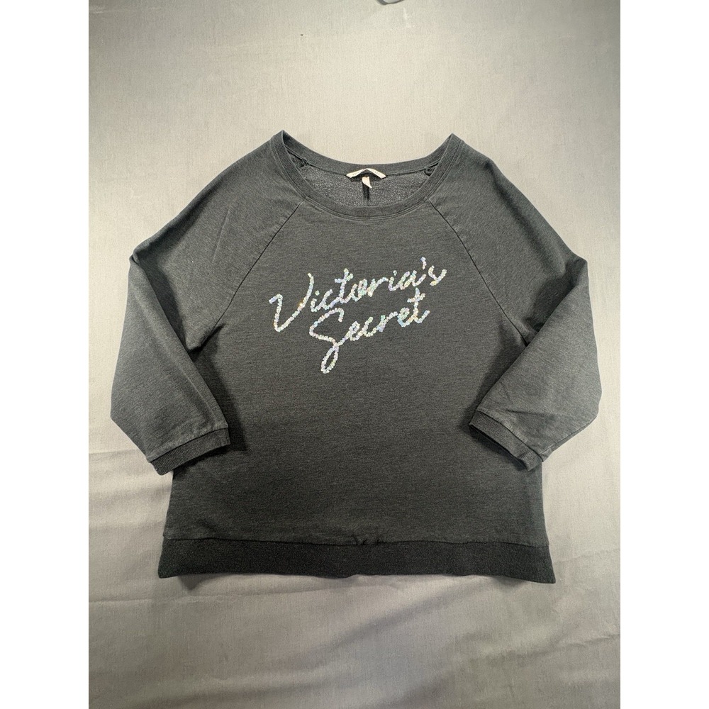Victorias Secret 3/4 Sleeve Sweatshirt Women's M Oversized Sequin Logo Dark Gray